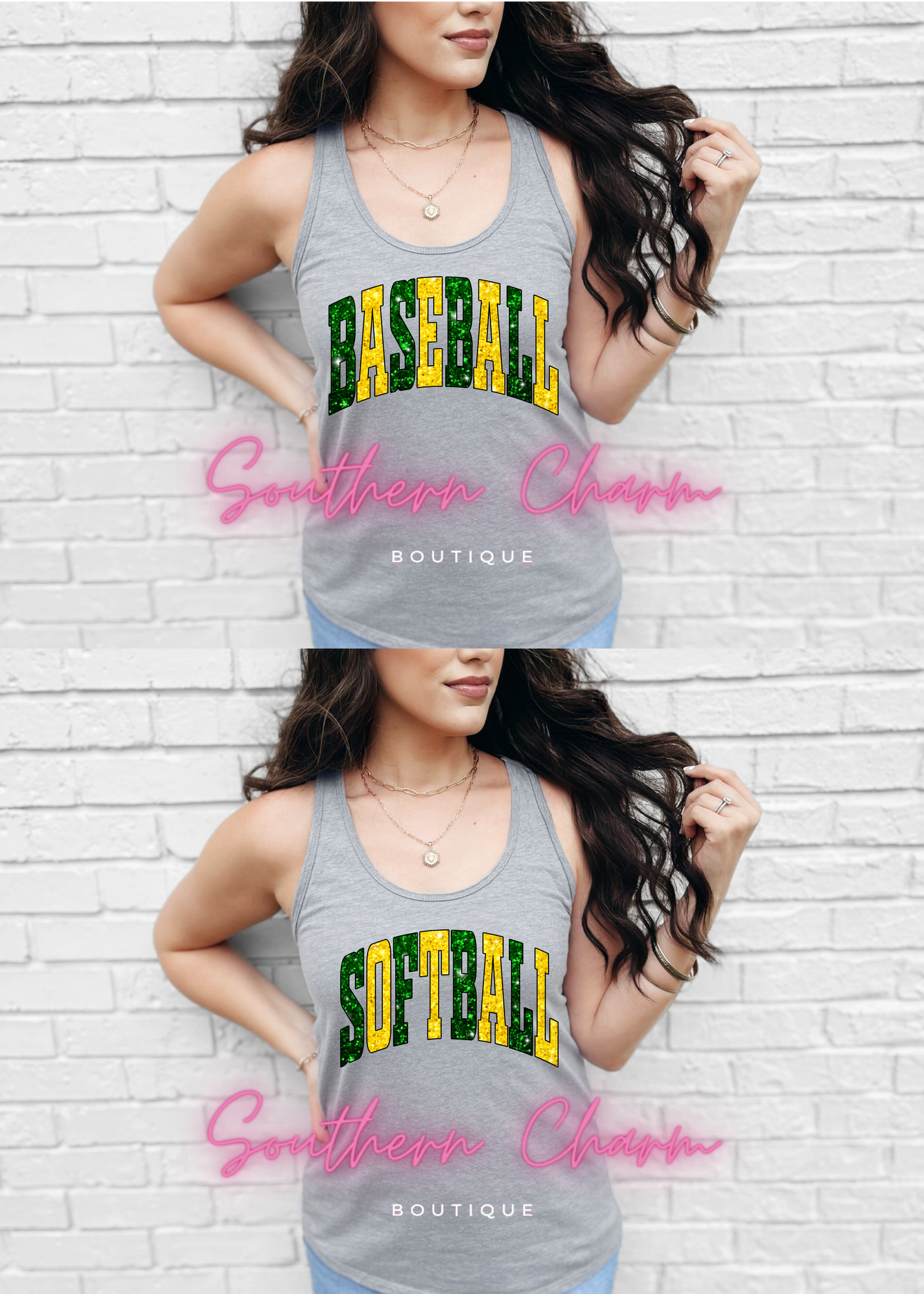 Baseball/Softball Faux Glitter Green/Yellow (Grey Tank)