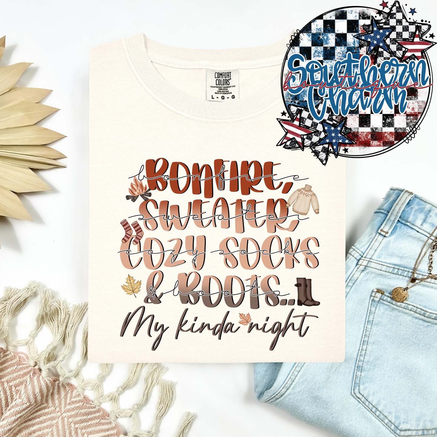 Bonfire, Sweater, Cozy Socks, & Boots