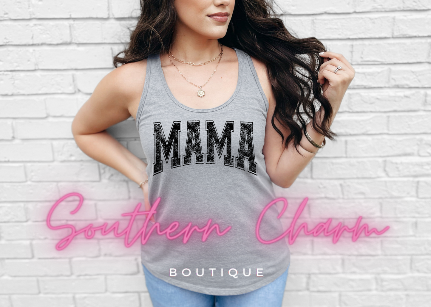 Distressed Arched Mama (Grey Tank)