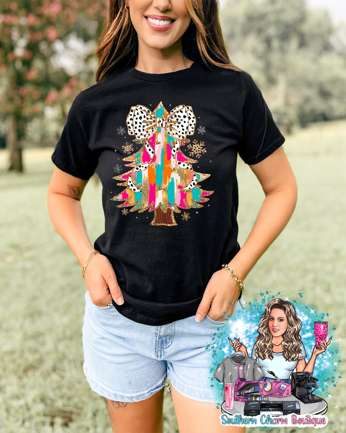 Pink Brushstroke Christmas Tree Tee