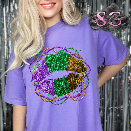 FAUX SEQUIN MARDI GRAS LIPS (Purple Tee)