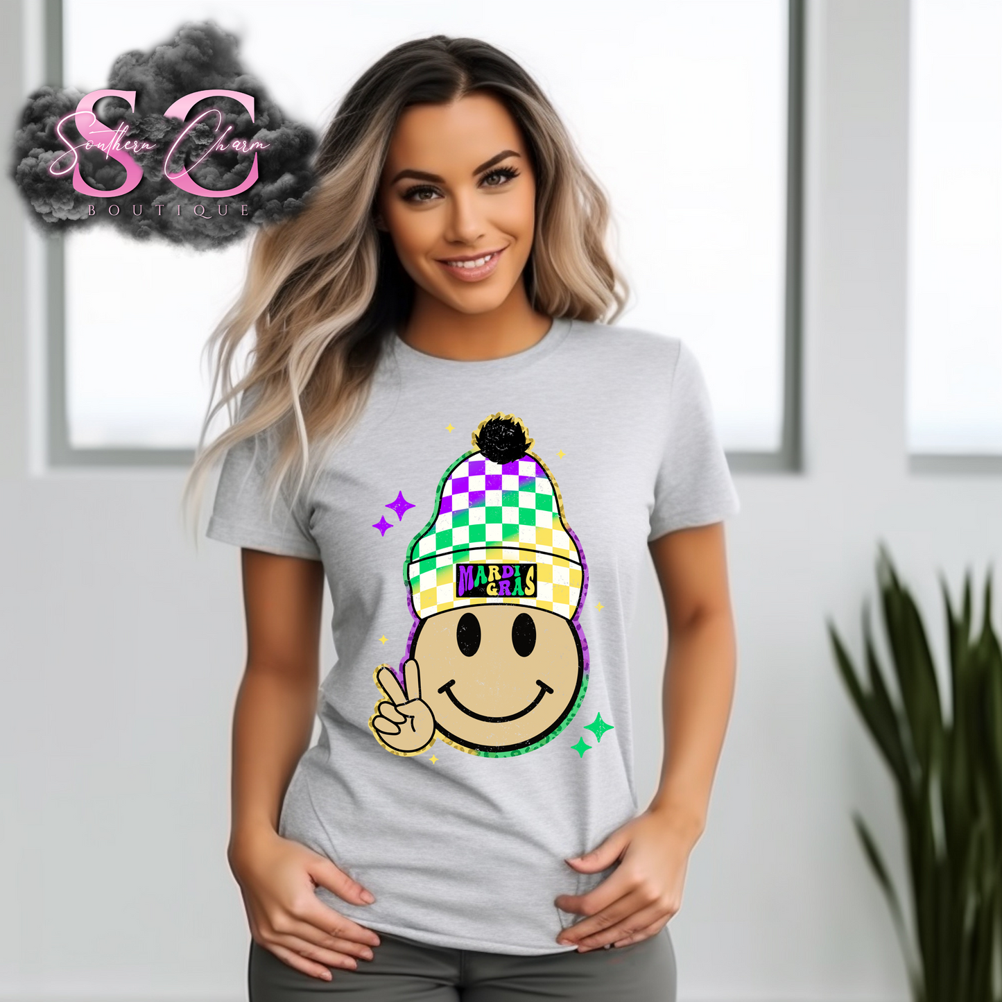 MARDI GRAS SMILEY BEANIE (Ash Tee)