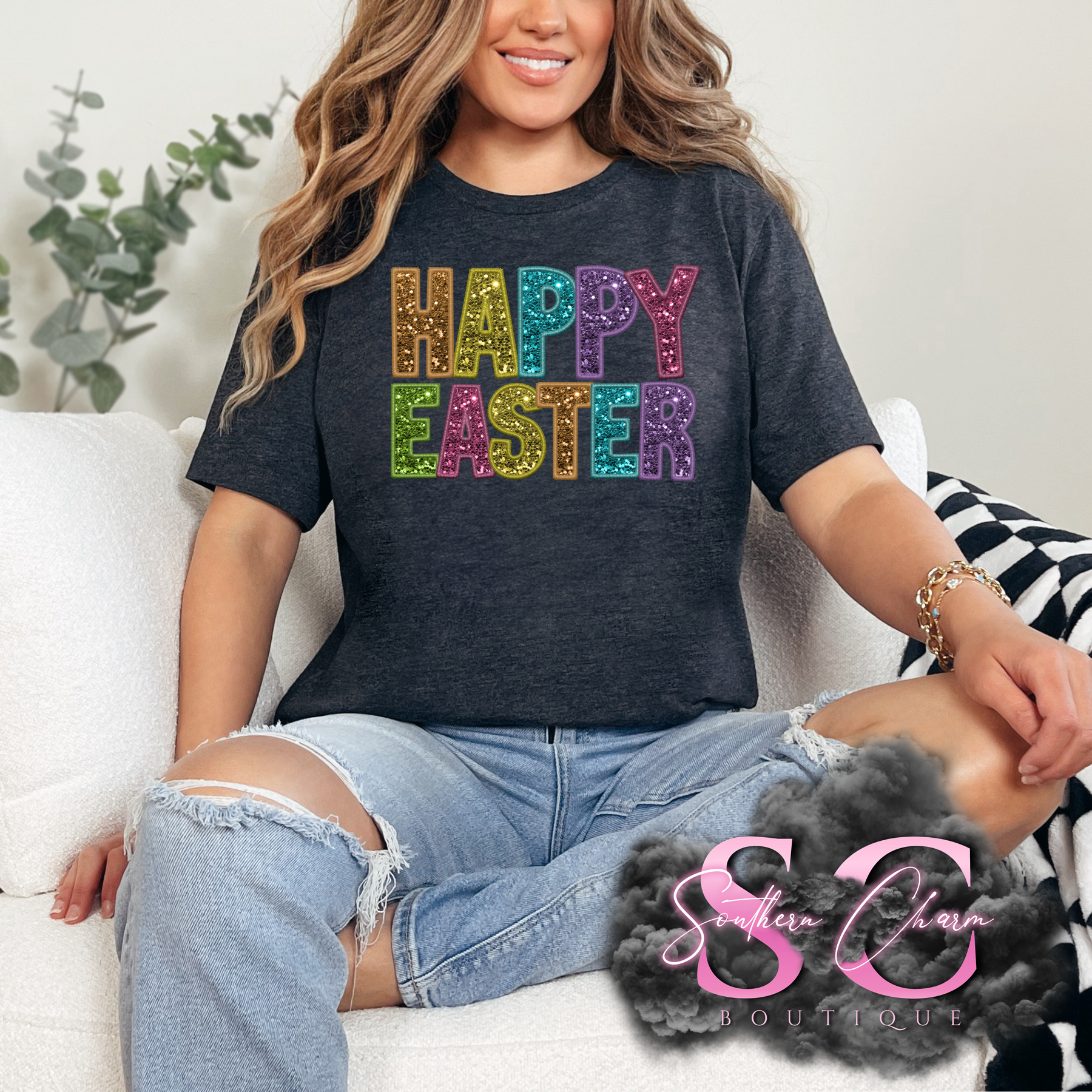 HAPPY EASTER FAUX SEQUINS  (Dark Heather Tee)