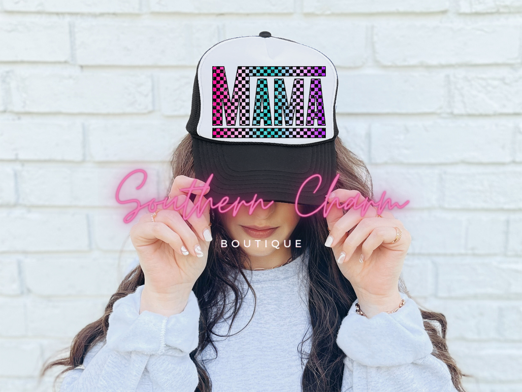 MAMA Ombre' Checkered Black Faux Hat Patch