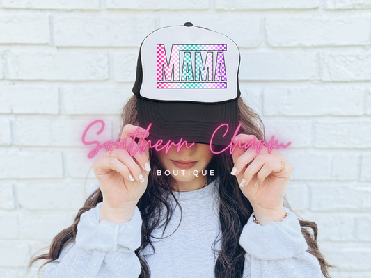 MAMA Ombre' Checkered White Faux Hat Patch