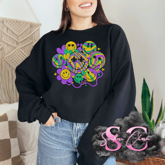 MARDI GRAS SMILEY FAUX GLITTER (Black Tee/Crewneck)