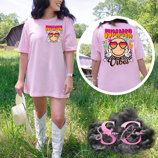 SUMMER VIBES SMILEY (Light Pink Tee/Crewneck)