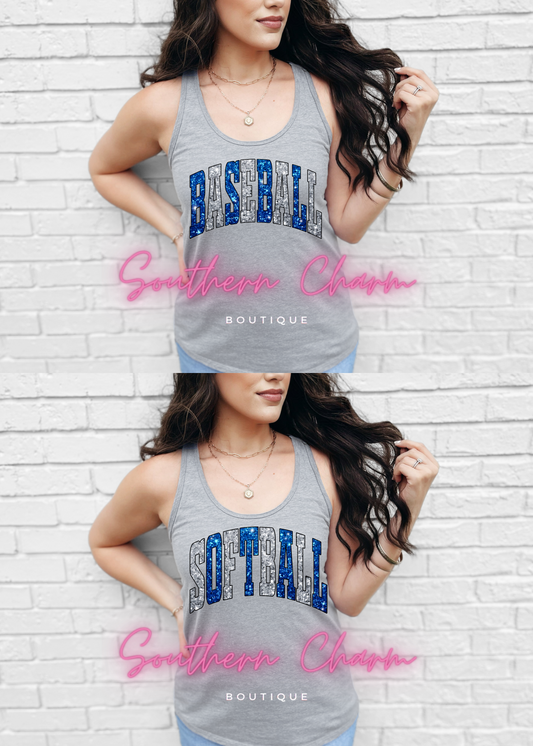 Baseball/Softball Faux Glitter Blue/Silver (Grey Tank)