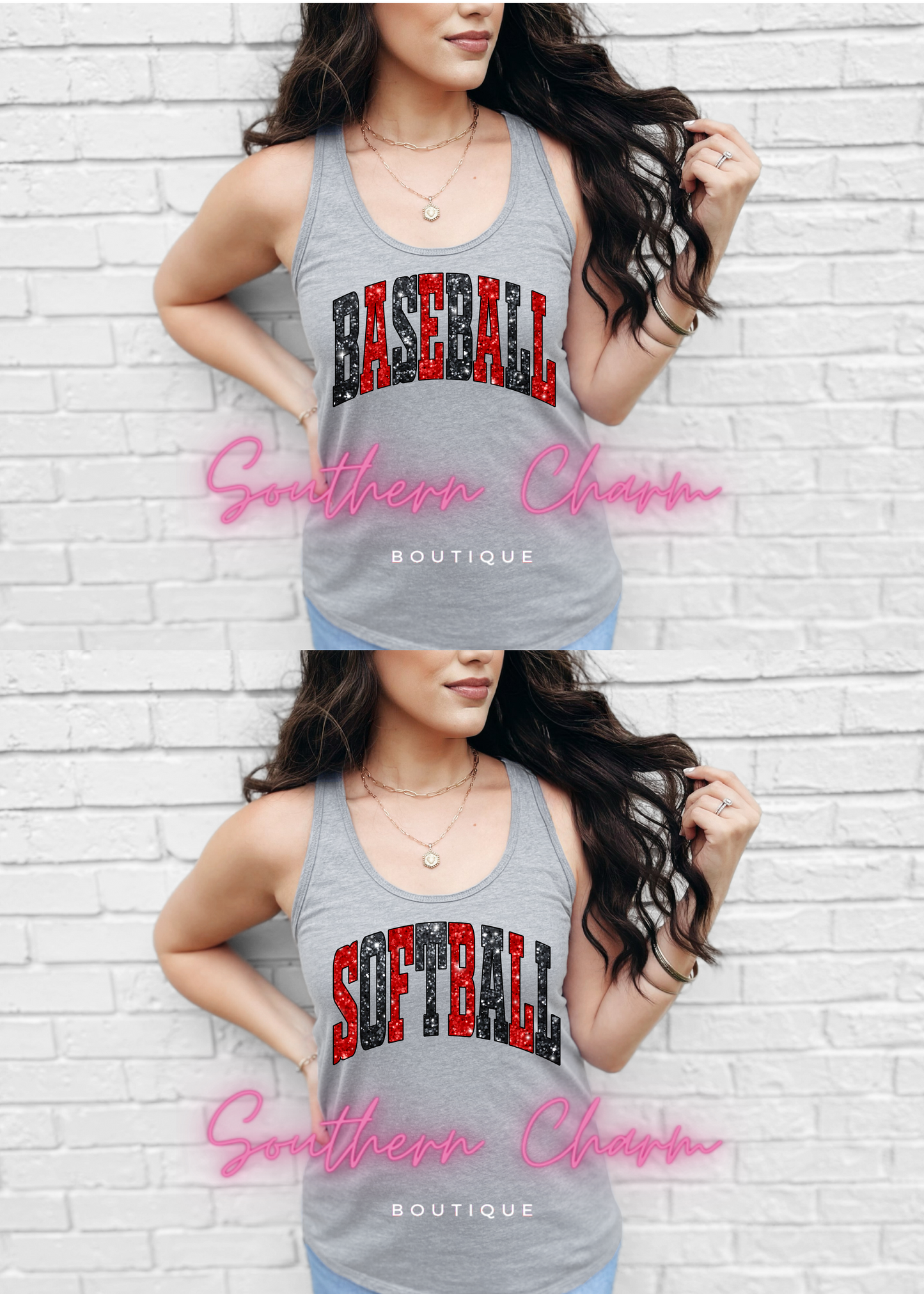 Baseball/Softball Faux Glitter Red/Black (Grey Tank)