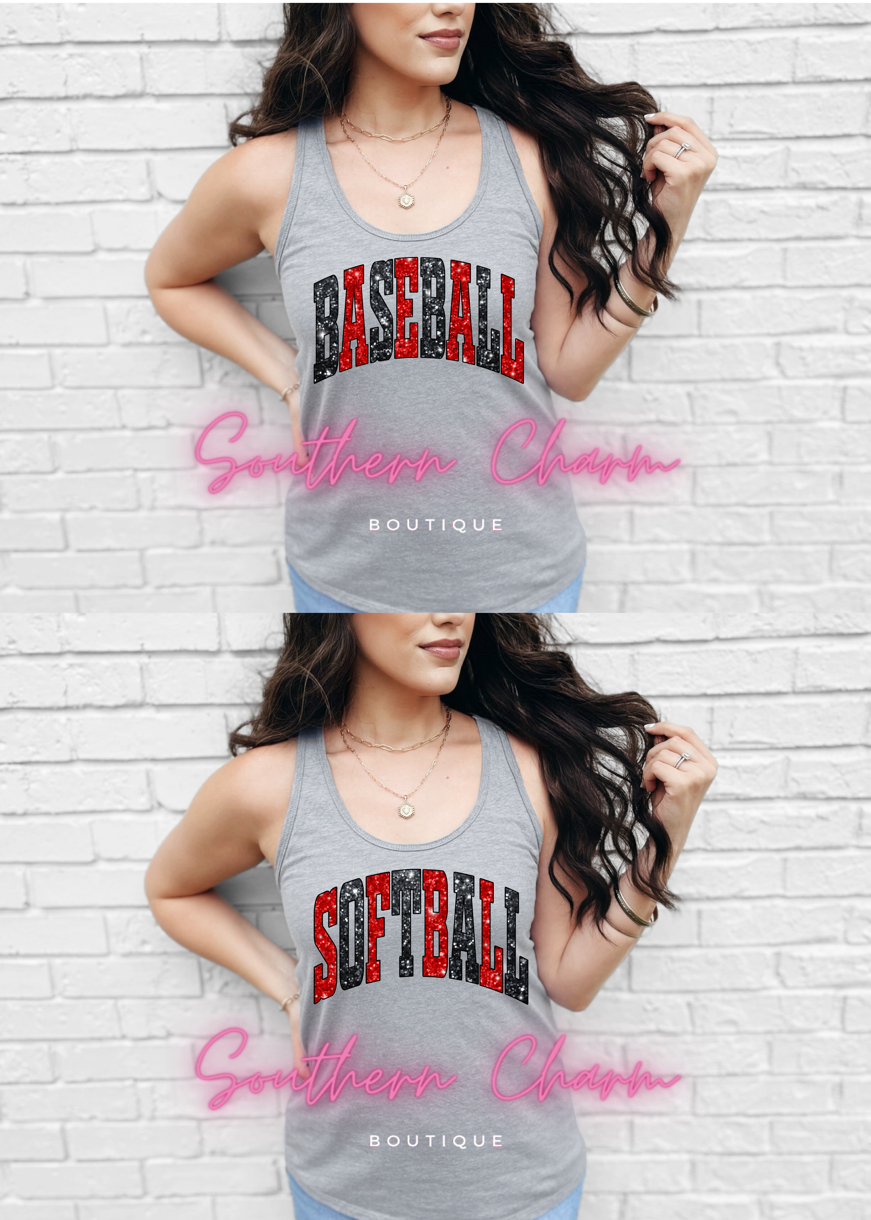 Baseball/Softball Faux Glitter Red/Black (Grey Tank)
