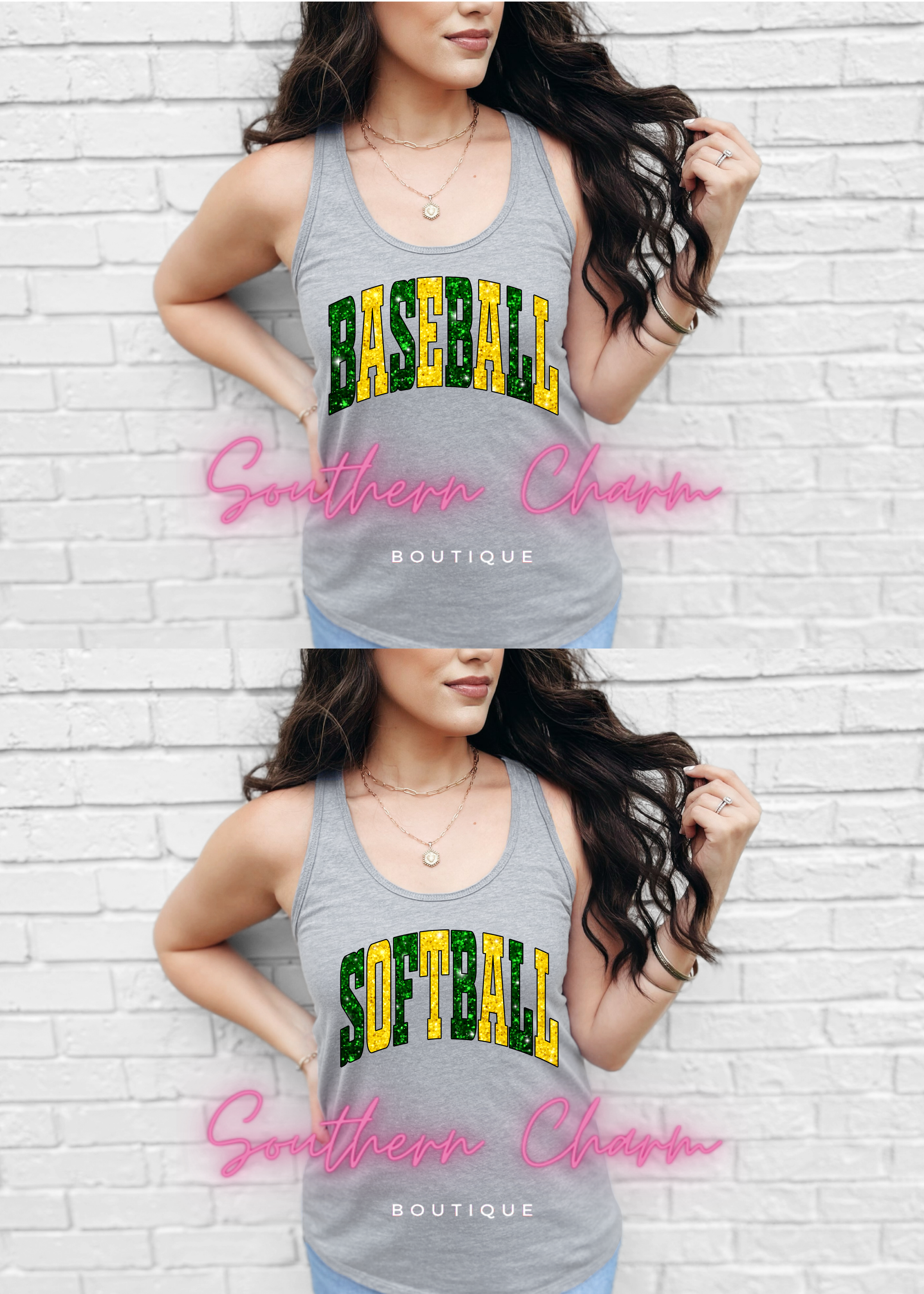 Baseball/Softball Faux Glitter Green/Yellow (Grey Tank)