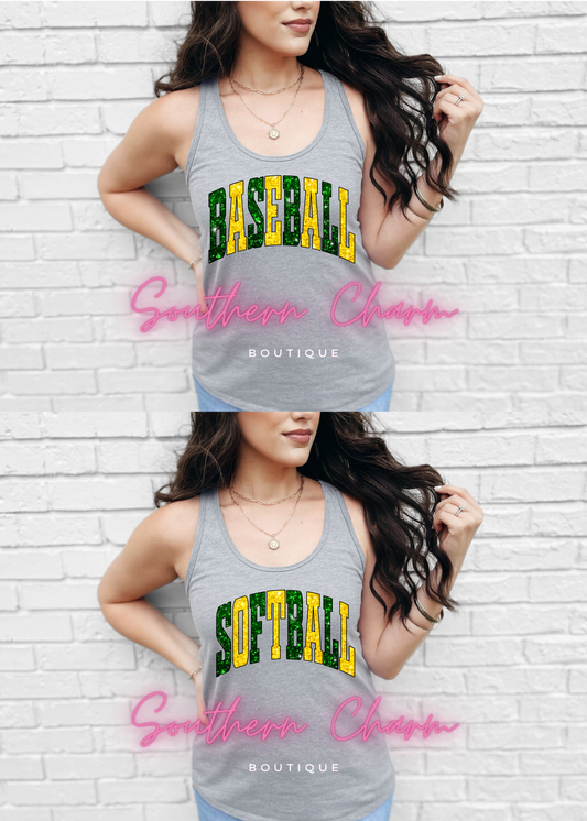 Baseball/Softball Faux Glitter Green/Yellow (Grey Tank)