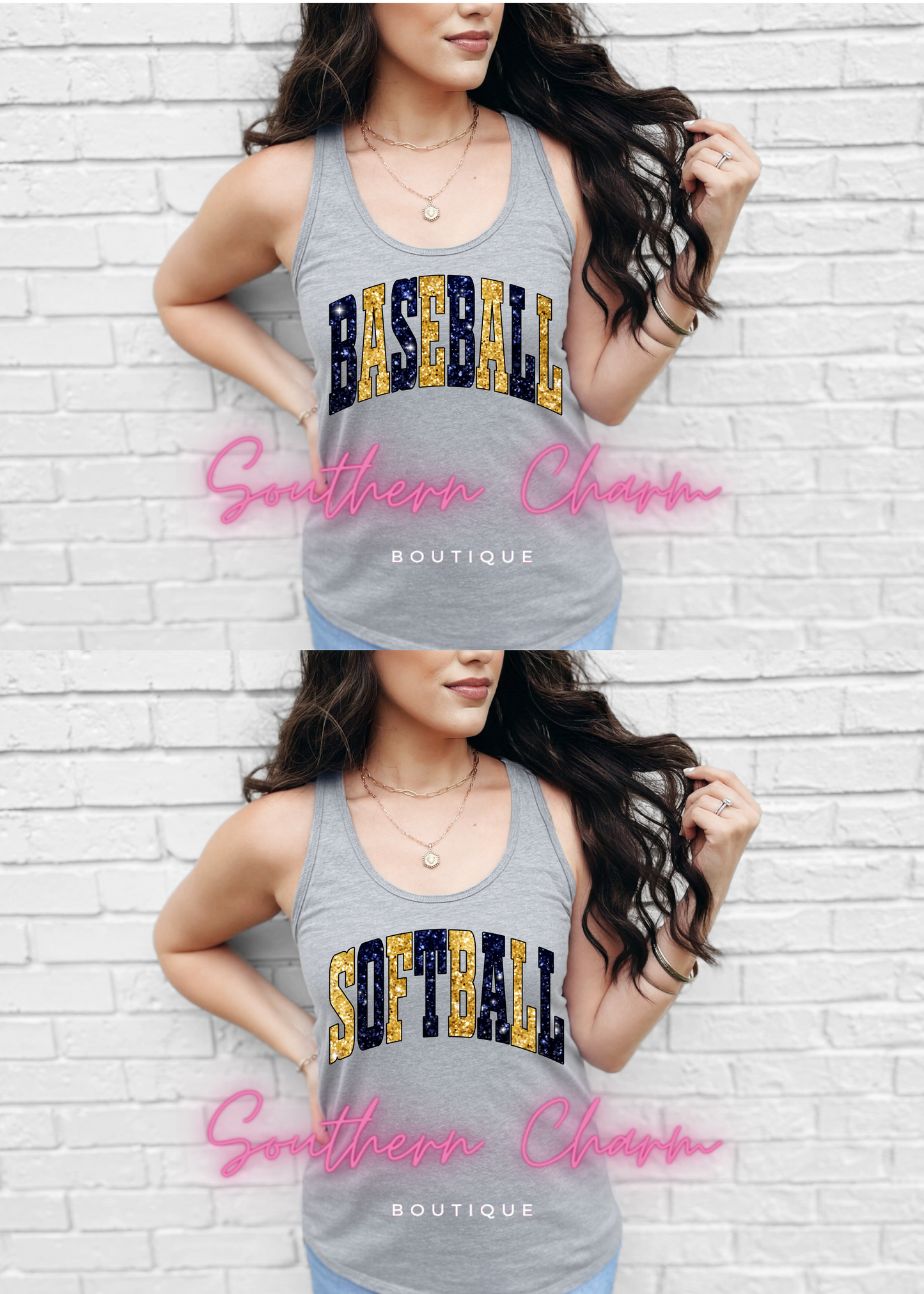 Baseball/Softball Faux Glitter Blue/Gold (Grey Tank)