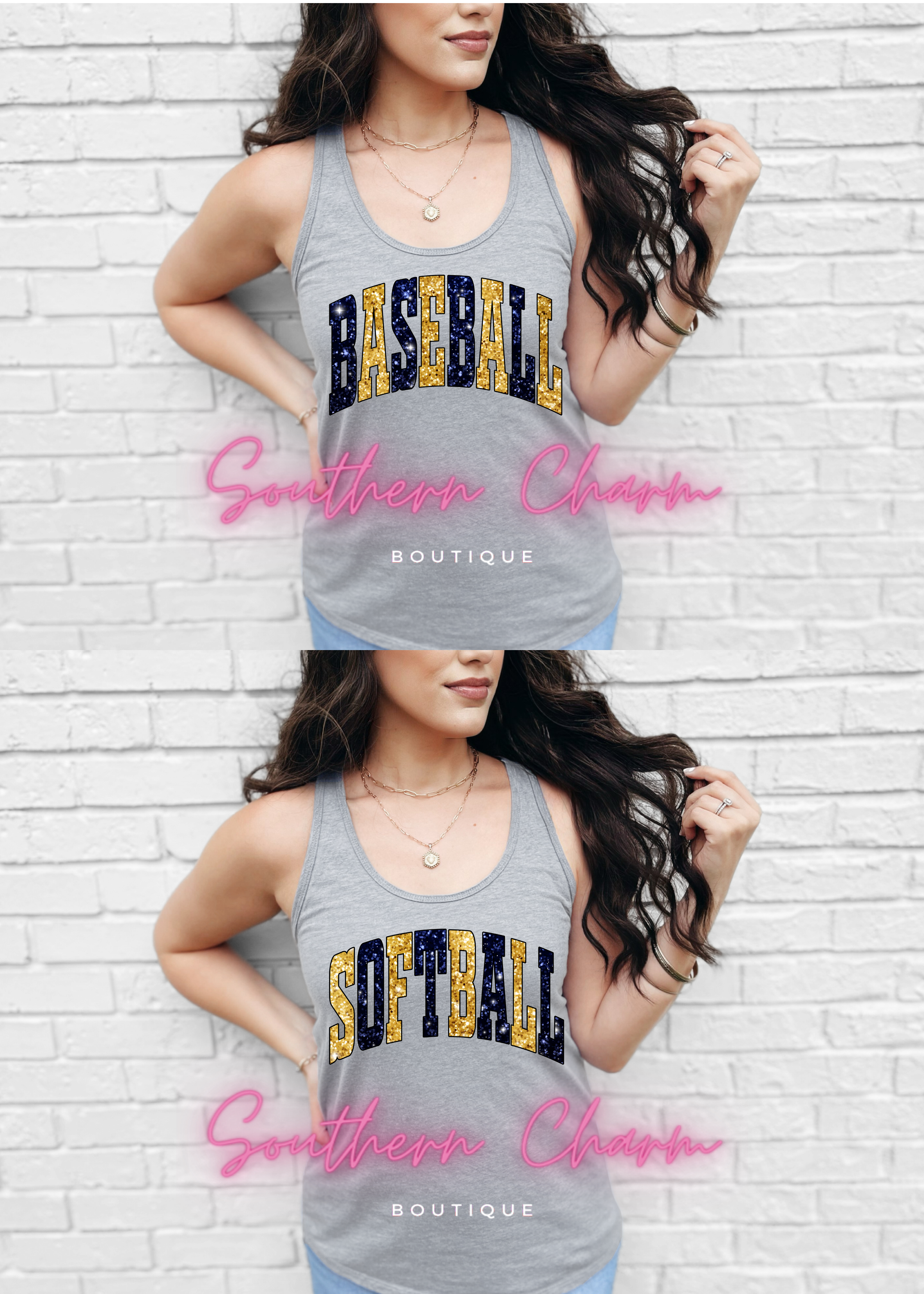 Baseball/Softball Faux Glitter Blue/Gold (Grey Tank)