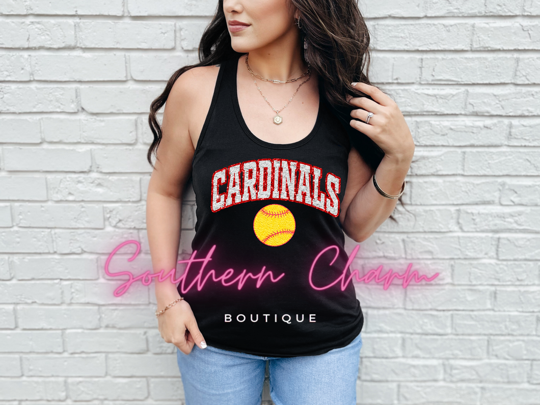Cardinals Faux Chenille Patches Softball (Black Tank)