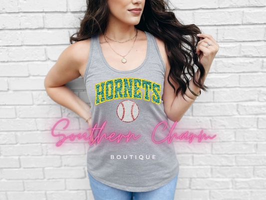 Hornets Faux Chenille Patches Baseball (Grey Tank)