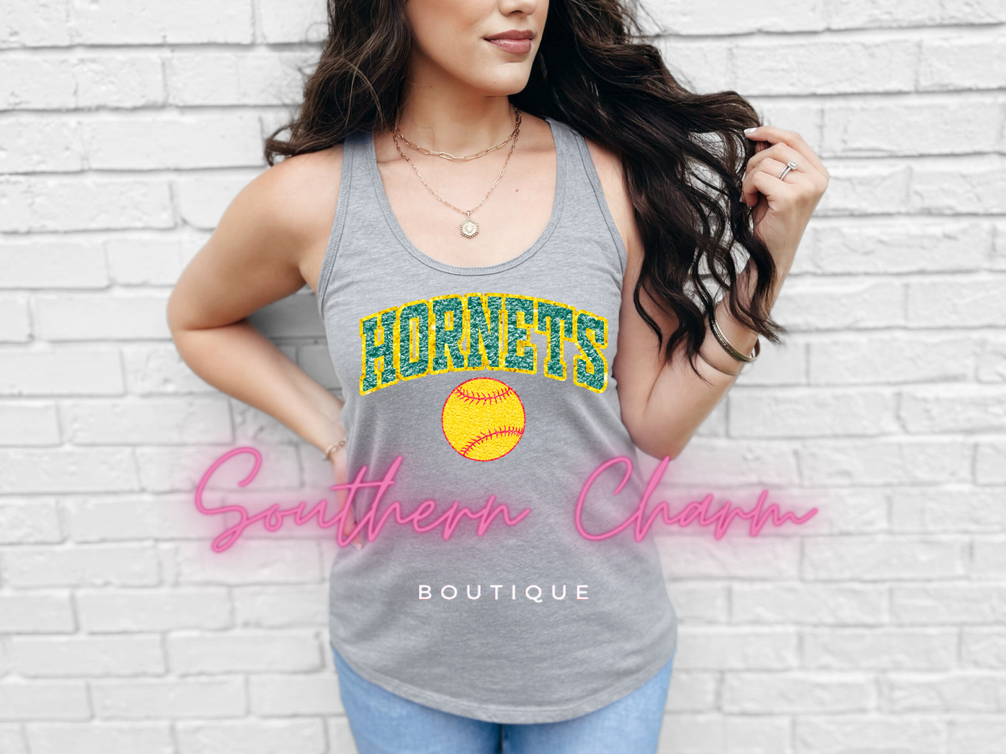 Hornets Faux Chenille Patches Softball (Grey Tank)