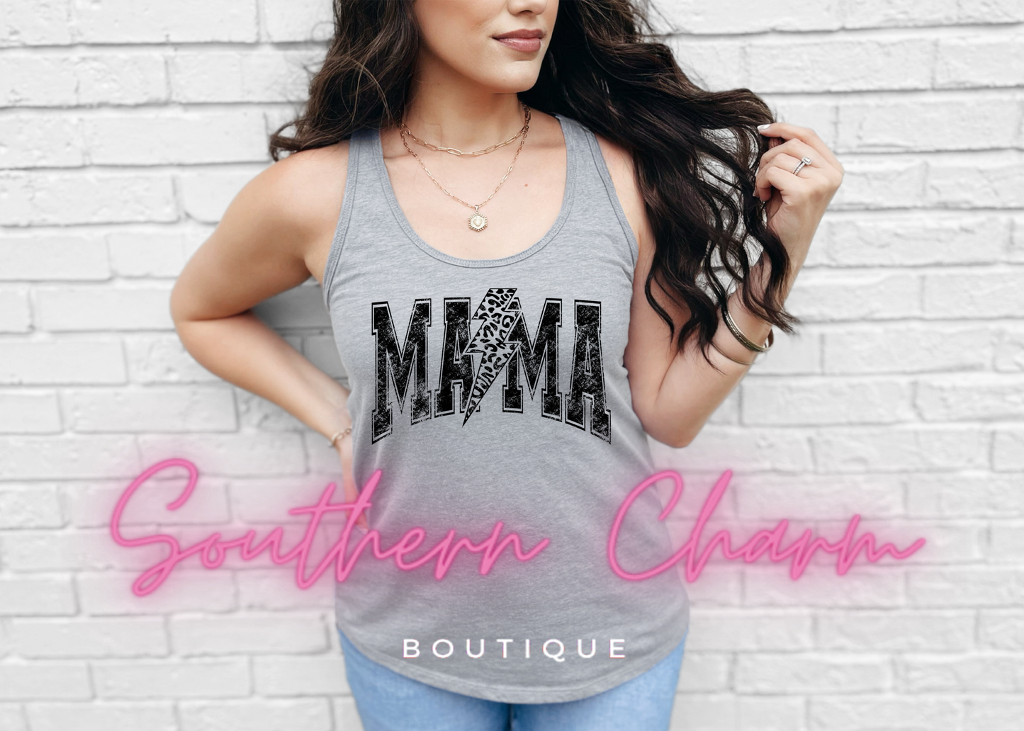 Distressed Arched Bolt Mama (Grey Tank)